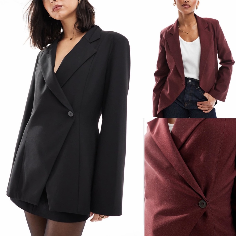 ASOS DESIGN - burgundy maroon wrap front single button cinched waist blazer